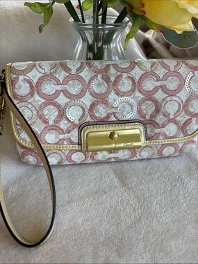 Coach Pink Signature Canvas Wristlet with Gold Hardware and Sequins